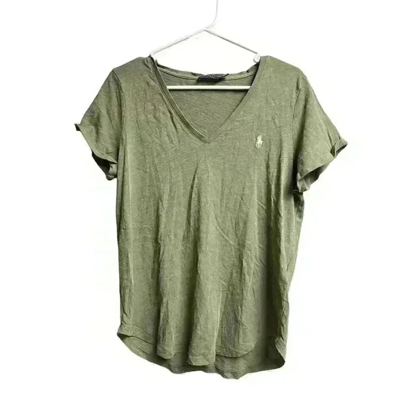 Polo Ralph Lauren Army Green V-Neck Rolled Cuff Sleeves Tee Large - Picture 1 of 8